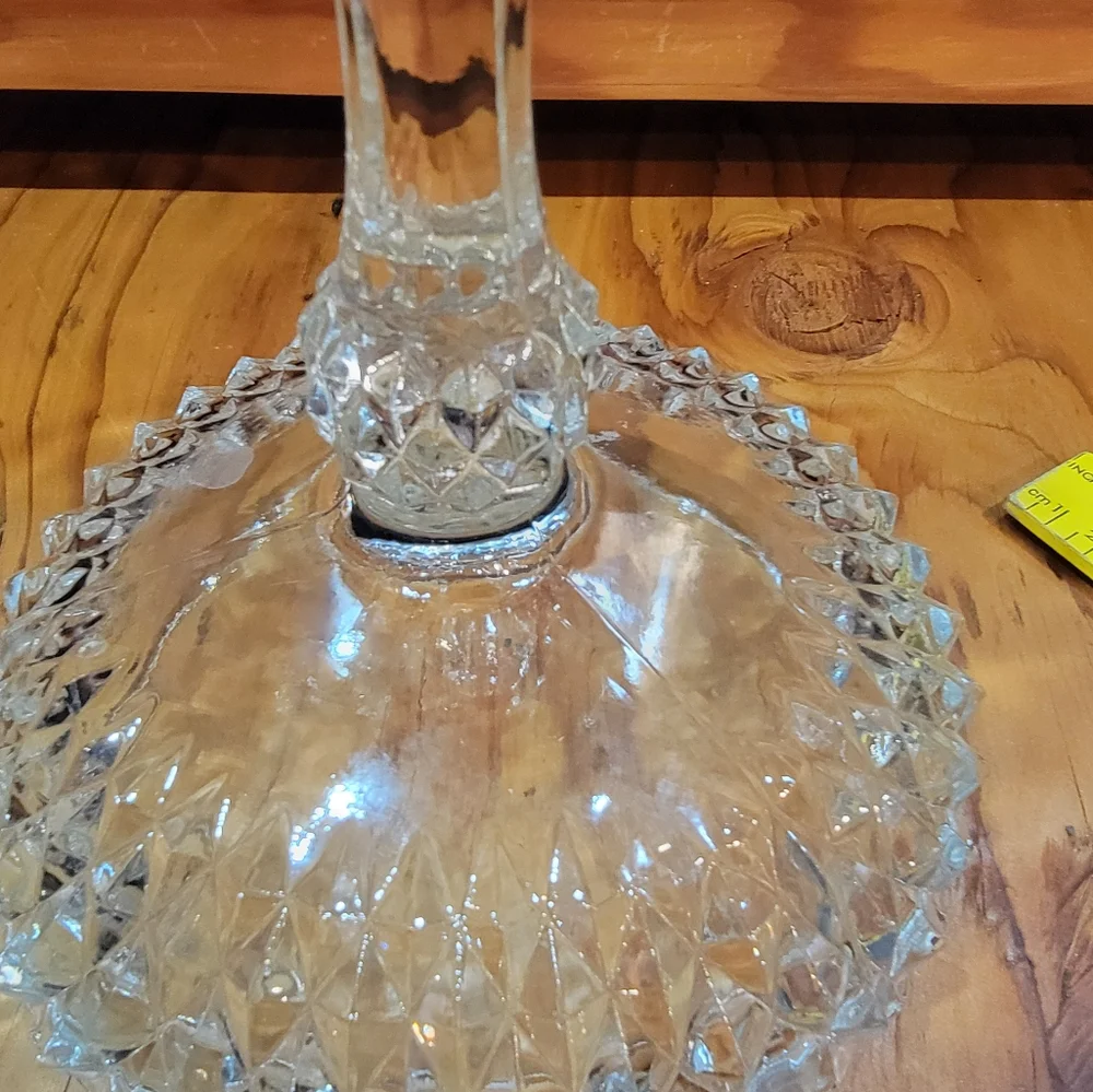 Clear Crystal Pedestal‎ Candy Dish with Diamond Cut Pattern Vintage 1960s